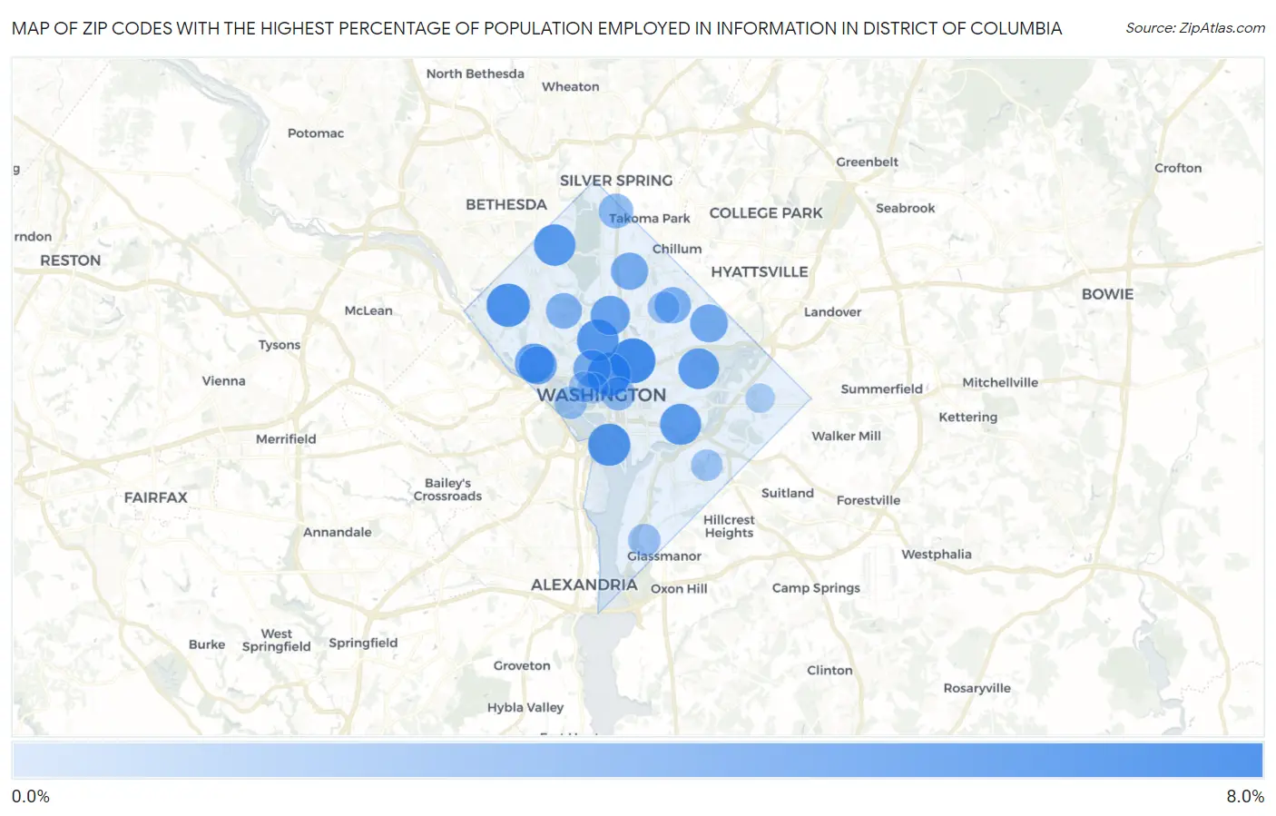 Zip Codes with the Highest Percentage of Population Employed in Information in District Of Columbia Map