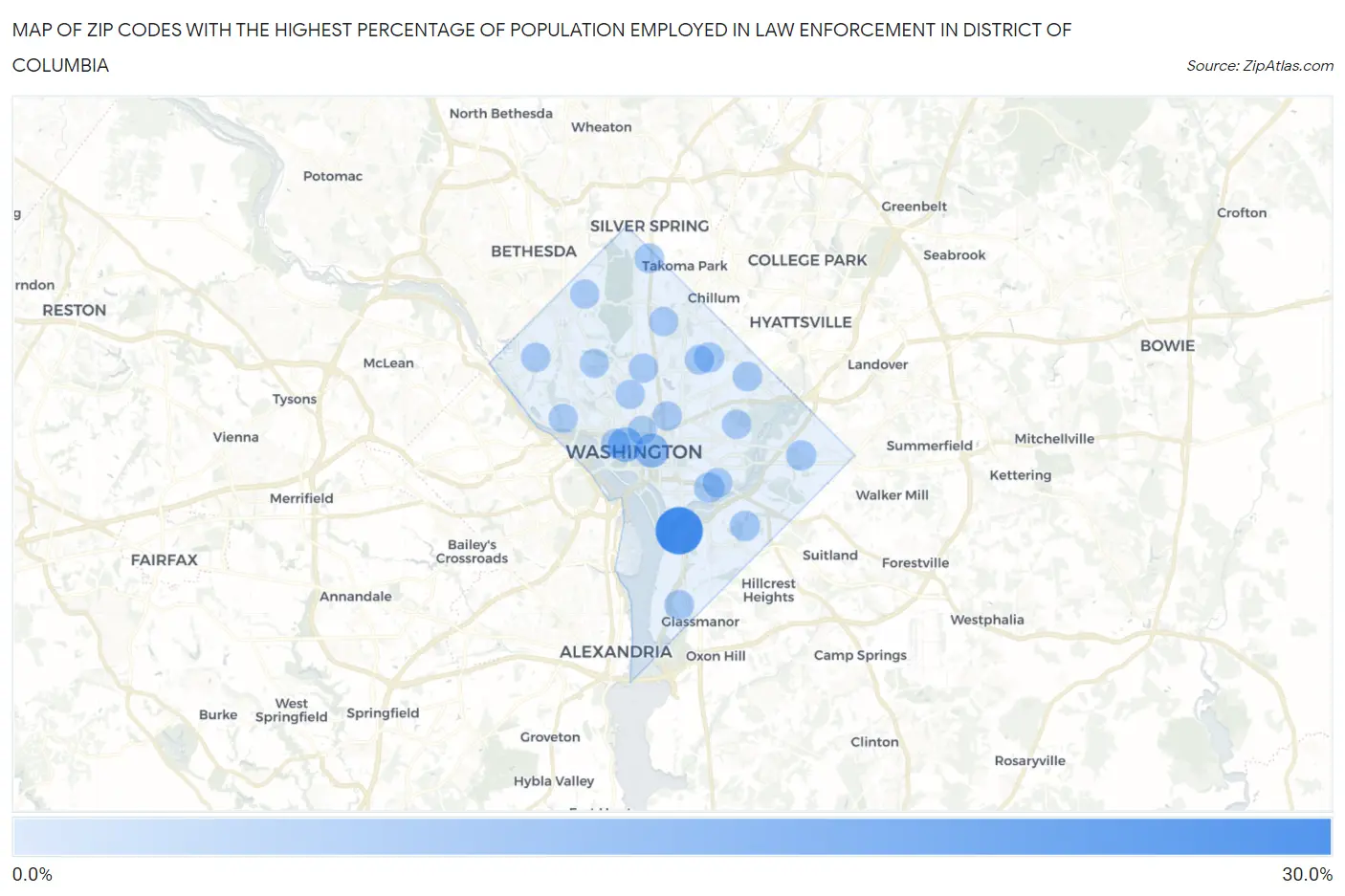 Zip Codes with the Highest Percentage of Population Employed in Law Enforcement in District Of Columbia Map