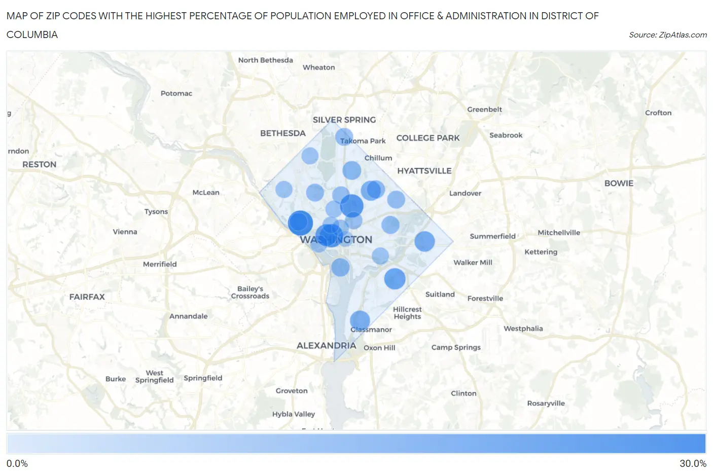 Zip Codes with the Highest Percentage of Population Employed in Office & Administration in District Of Columbia Map