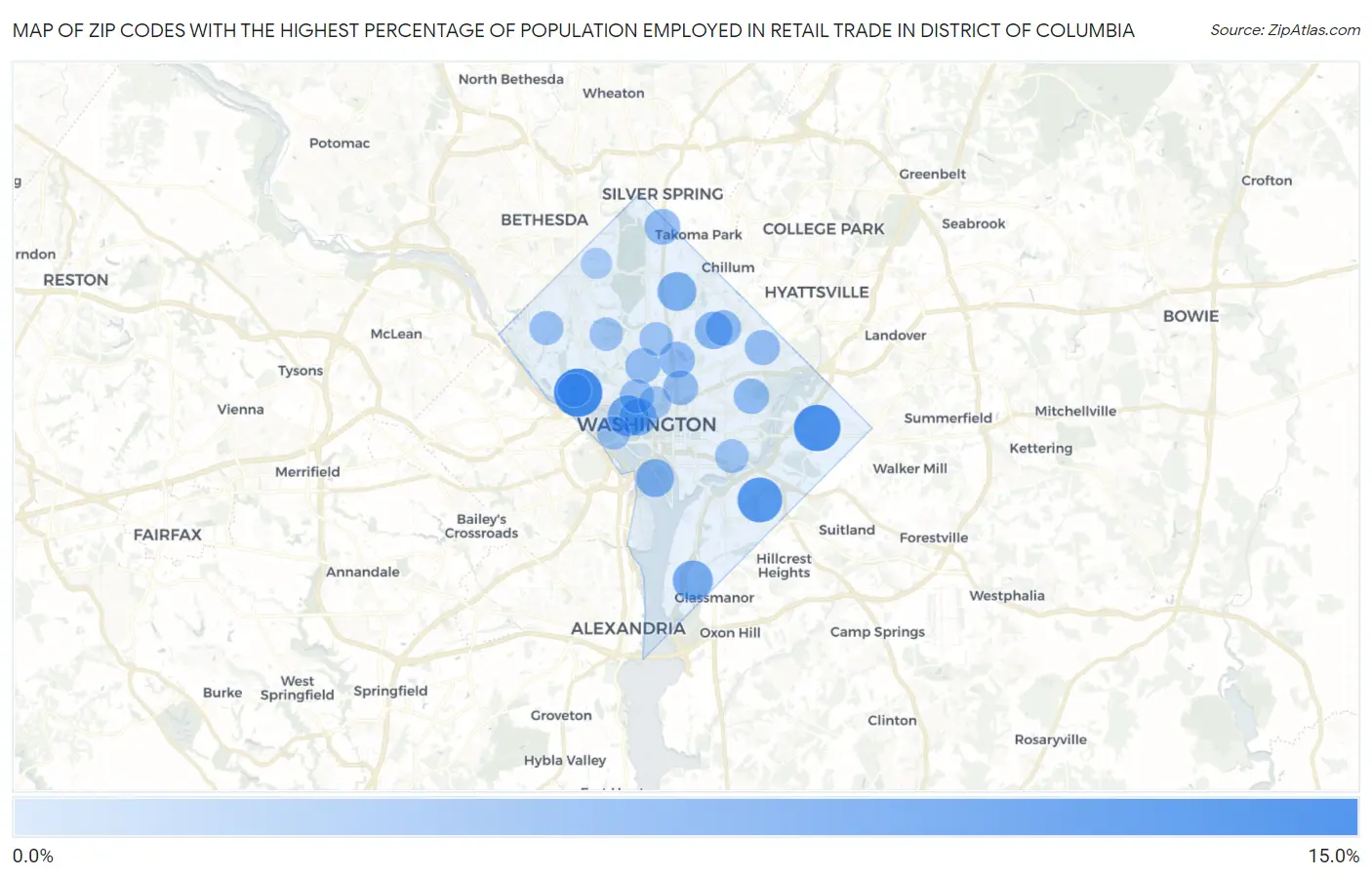 Zip Codes with the Highest Percentage of Population Employed in Retail Trade in District Of Columbia Map