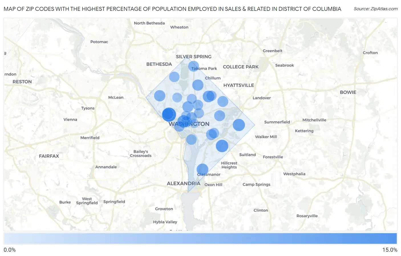 Zip Codes with the Highest Percentage of Population Employed in Sales & Related in District Of Columbia Map