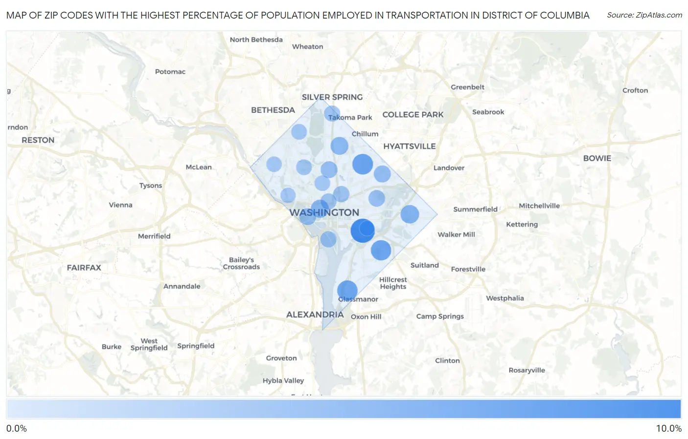 Zip Codes with the Highest Percentage of Population Employed in Transportation in District Of Columbia Map