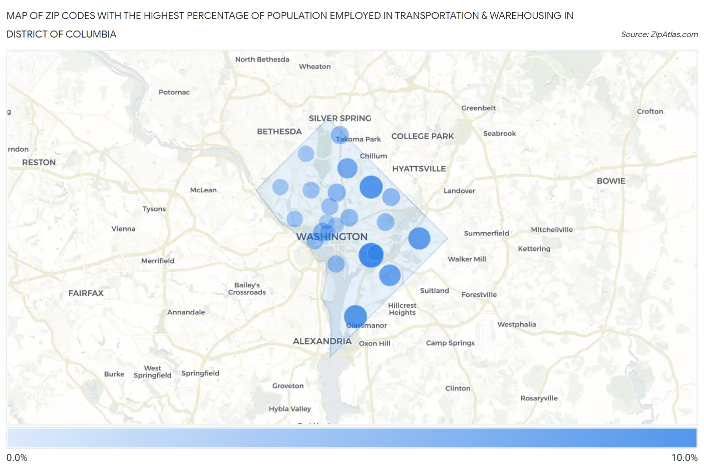 Zip Codes with the Highest Percentage of Population Employed in Transportation & Warehousing in District Of Columbia Map