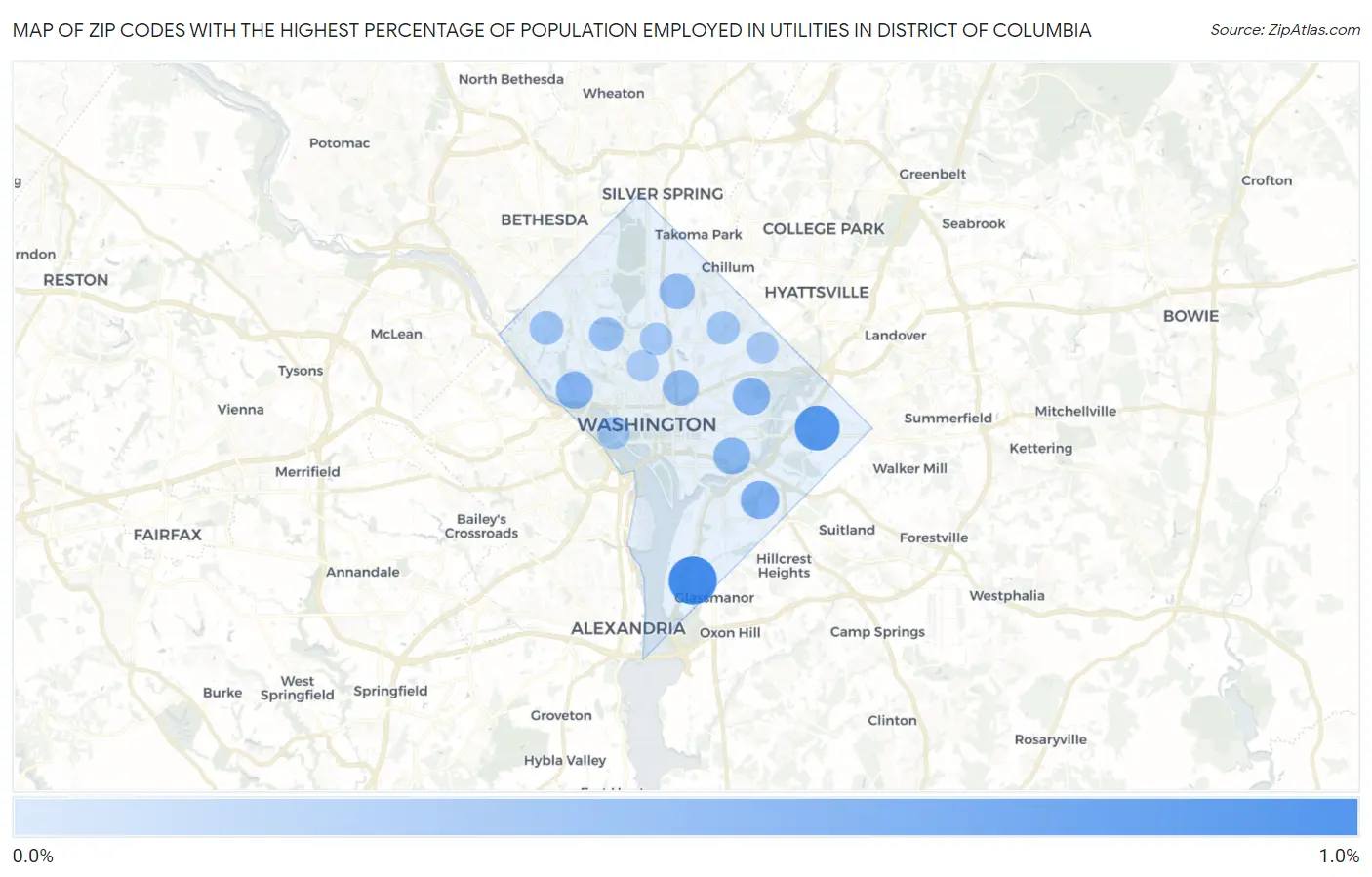 Zip Codes with the Highest Percentage of Population Employed in Utilities in District Of Columbia Map