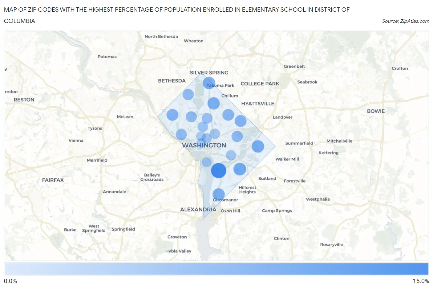 Zip Codes with the Highest Percentage of Population Enrolled in Elementary School in District Of Columbia Map