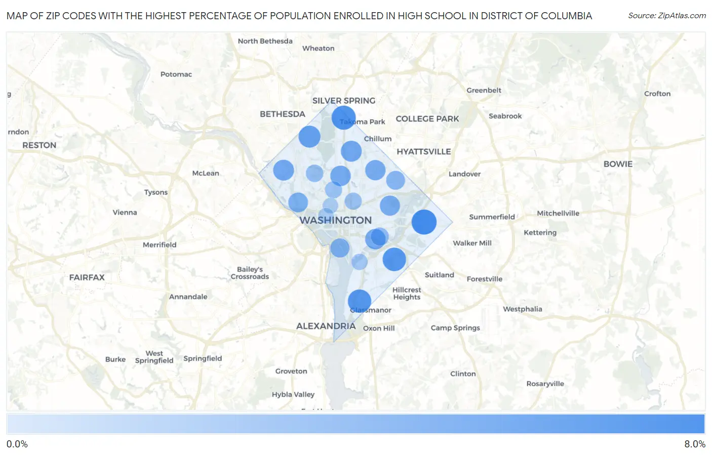 Zip Codes with the Highest Percentage of Population Enrolled in High School in District Of Columbia Map