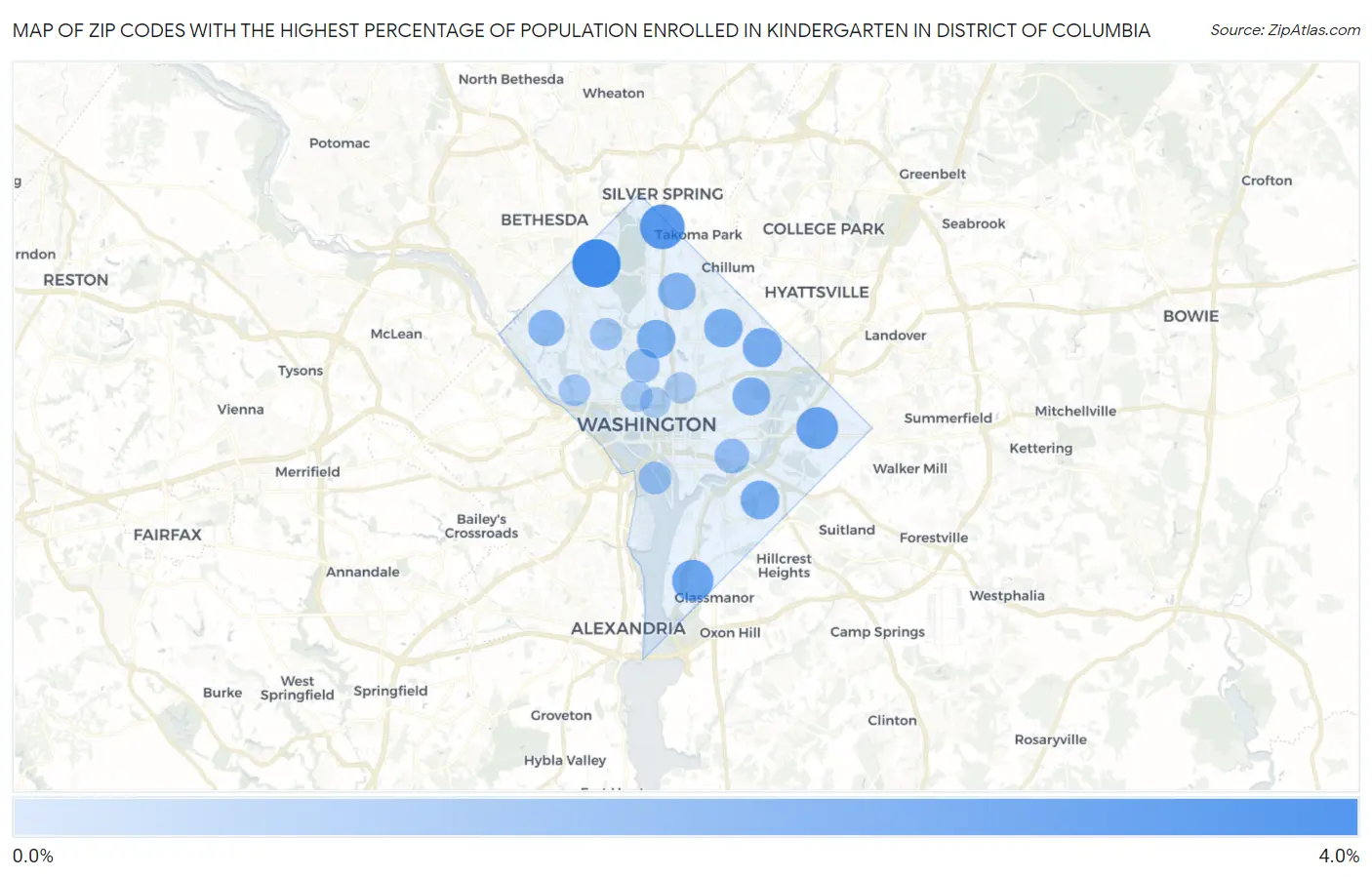 Zip Codes with the Highest Percentage of Population Enrolled in Kindergarten in District Of Columbia Map