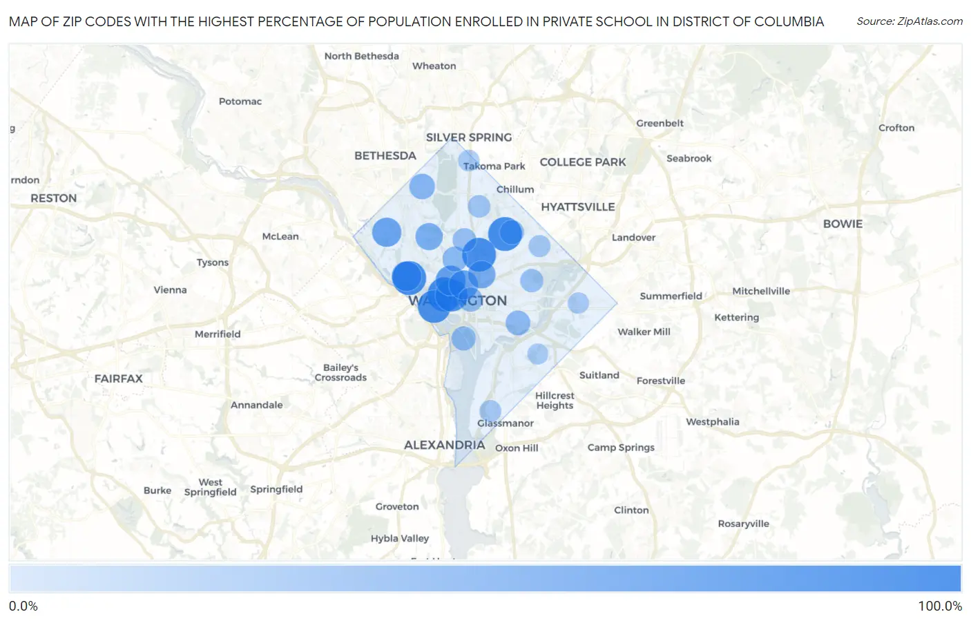 Zip Codes with the Highest Percentage of Population Enrolled in Private School in District Of Columbia Map
