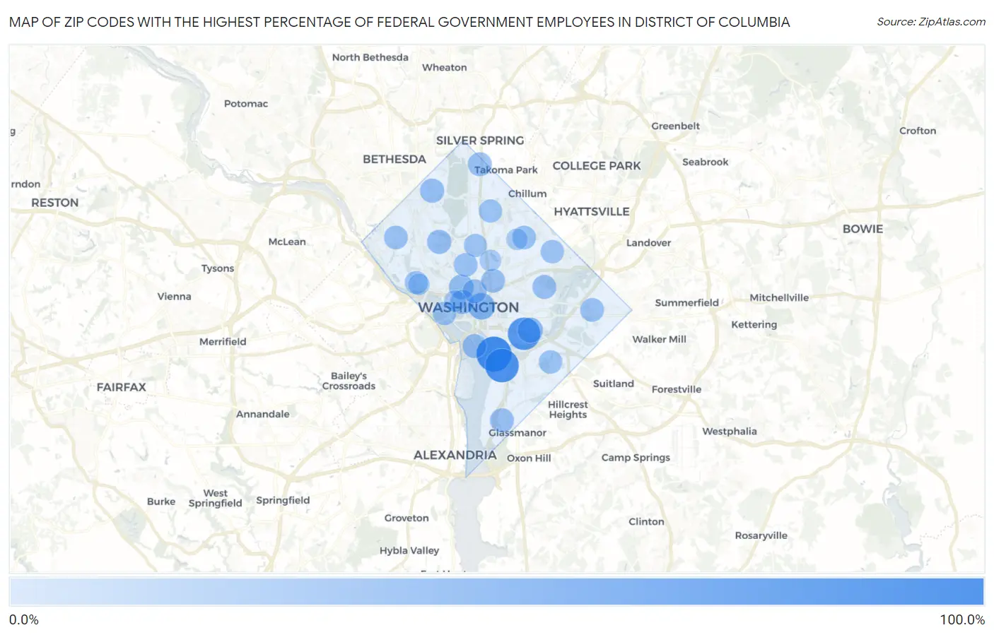 Zip Codes with the Highest Percentage of Federal Government Employees in District Of Columbia Map