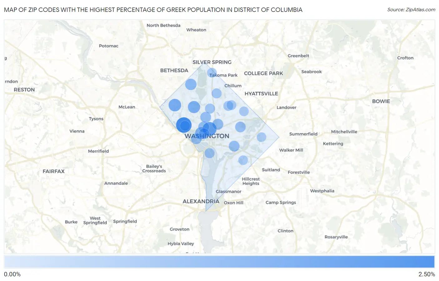 Zip Codes with the Highest Percentage of Greek Population in District Of Columbia Map