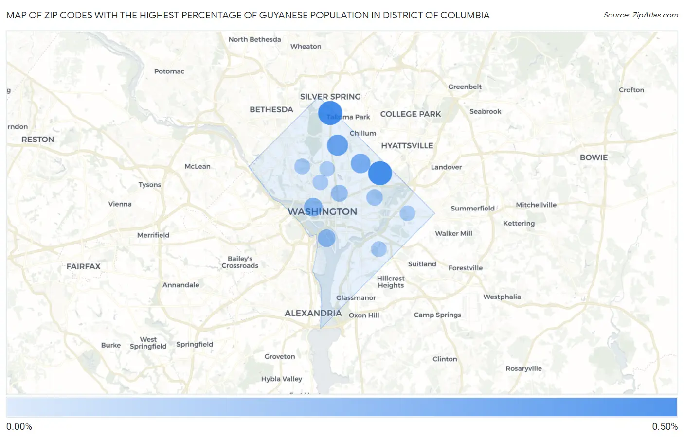 Zip Codes with the Highest Percentage of Guyanese Population in District Of Columbia Map