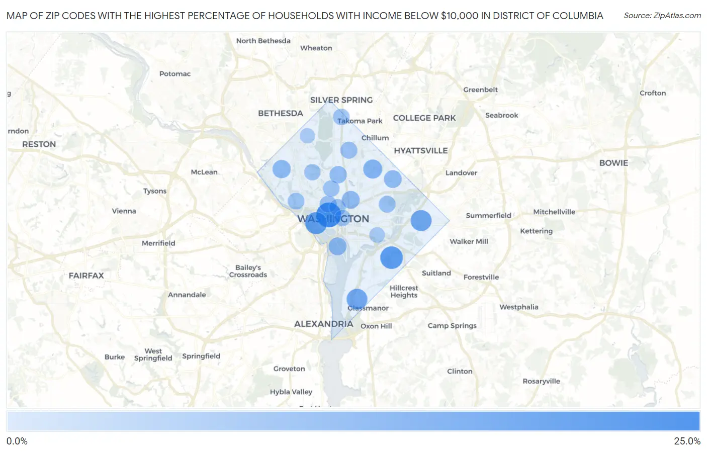 Zip Codes with the Highest Percentage of Households with Income Below $10,000 in District Of Columbia Map