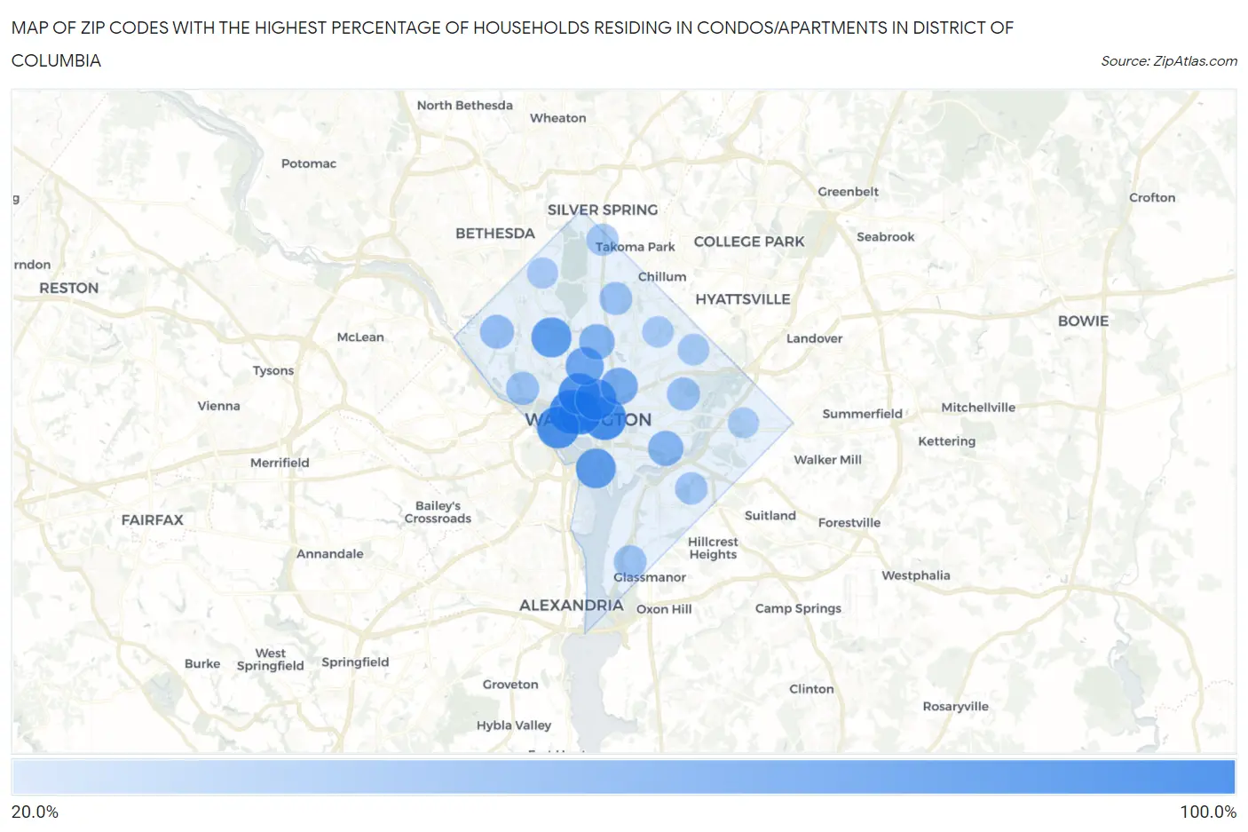 Zip Codes with the Highest Percentage of Households Residing in Condos/Apartments in District Of Columbia Map