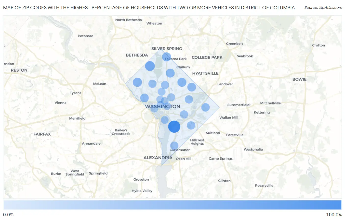 Zip Codes with the Highest Percentage of Households With Two or more Vehicles in District Of Columbia Map
