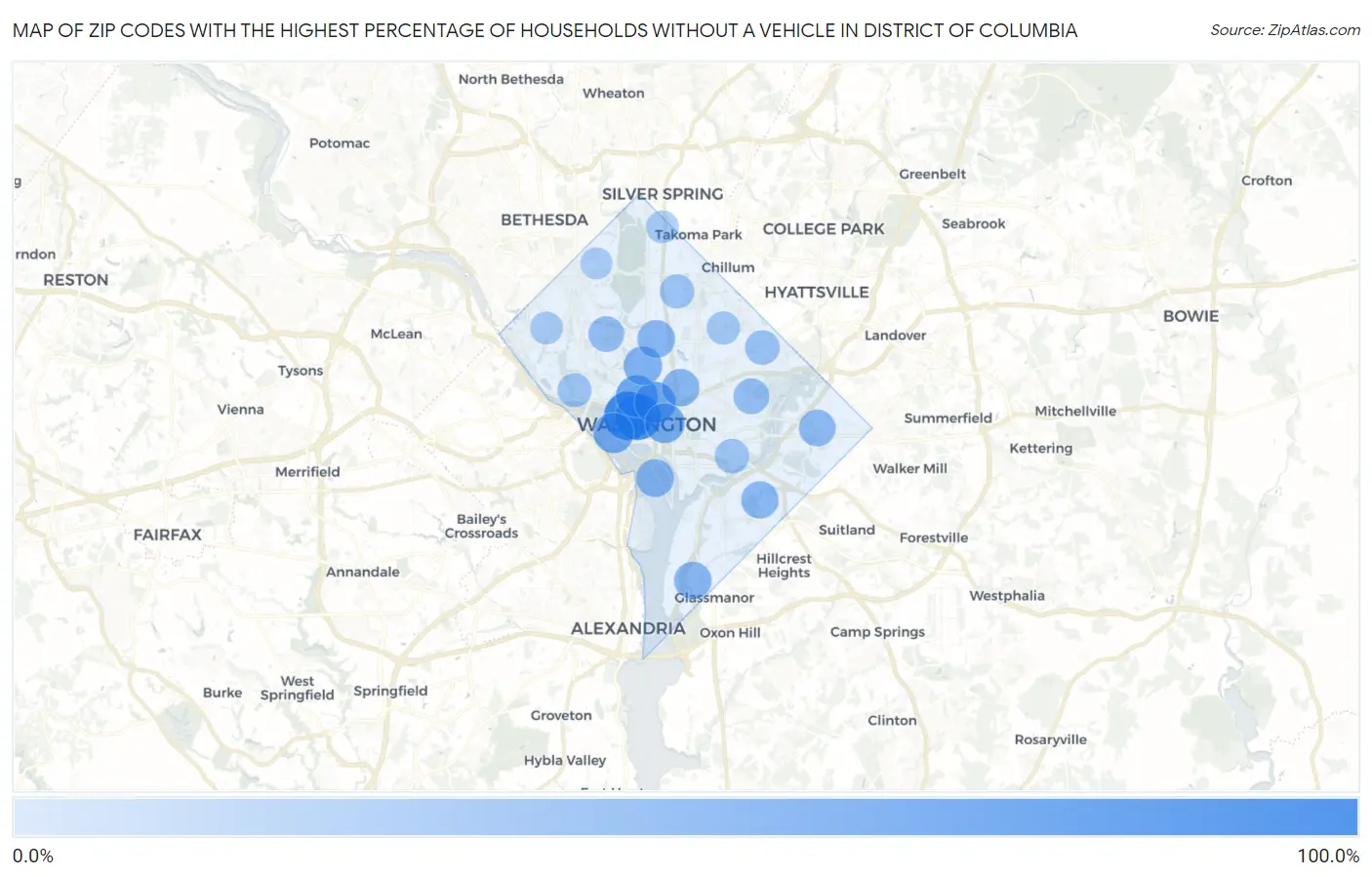 Zip Codes with the Highest Percentage of Households Without a Vehicle in District Of Columbia Map
