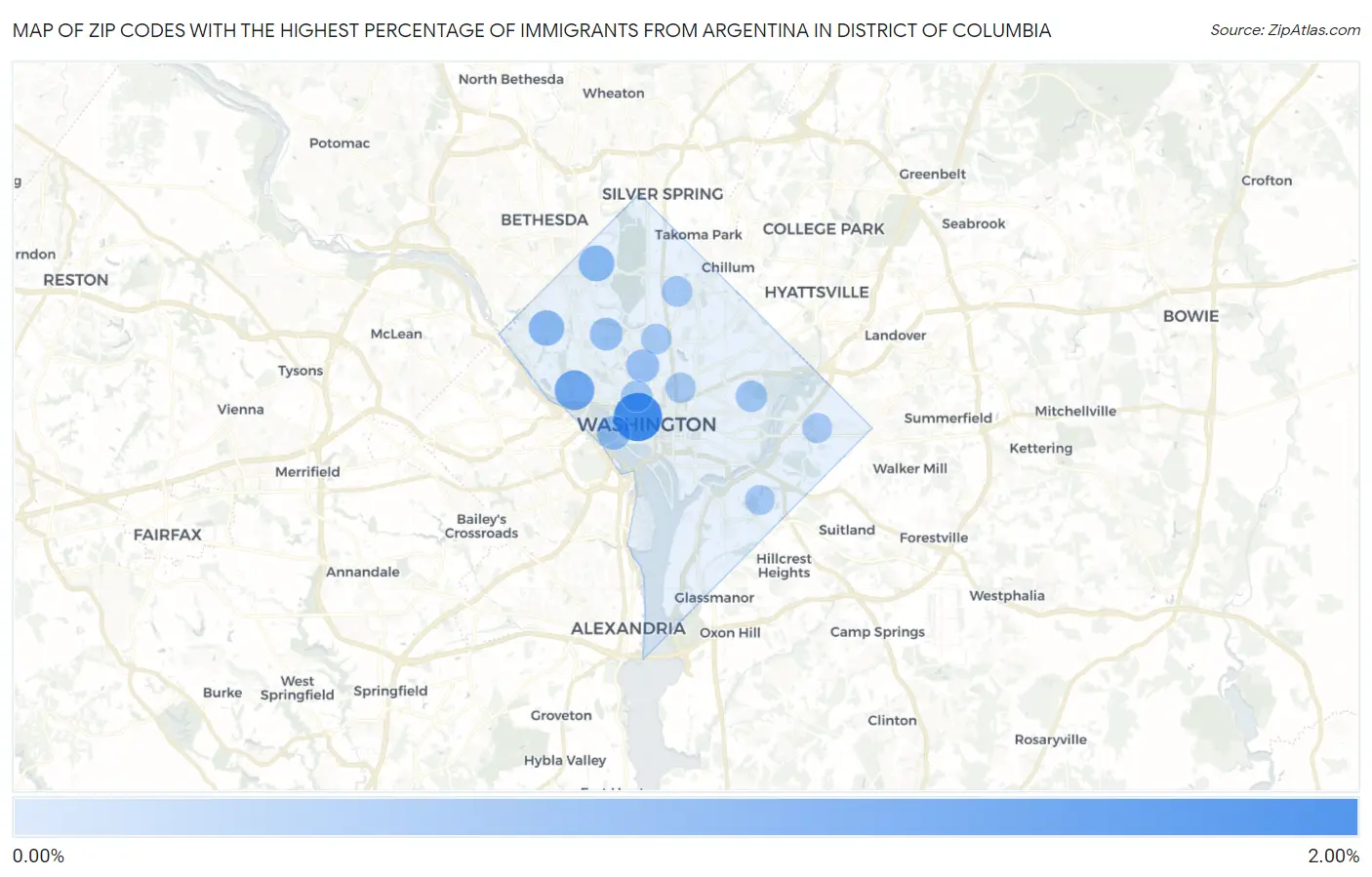 Zip Codes with the Highest Percentage of Immigrants from Argentina in District Of Columbia Map