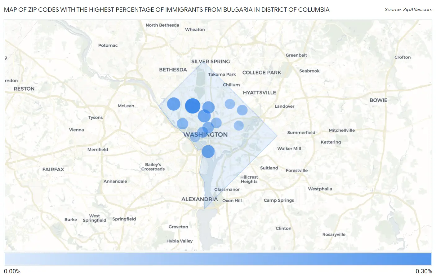 Zip Codes with the Highest Percentage of Immigrants from Bulgaria in District Of Columbia Map