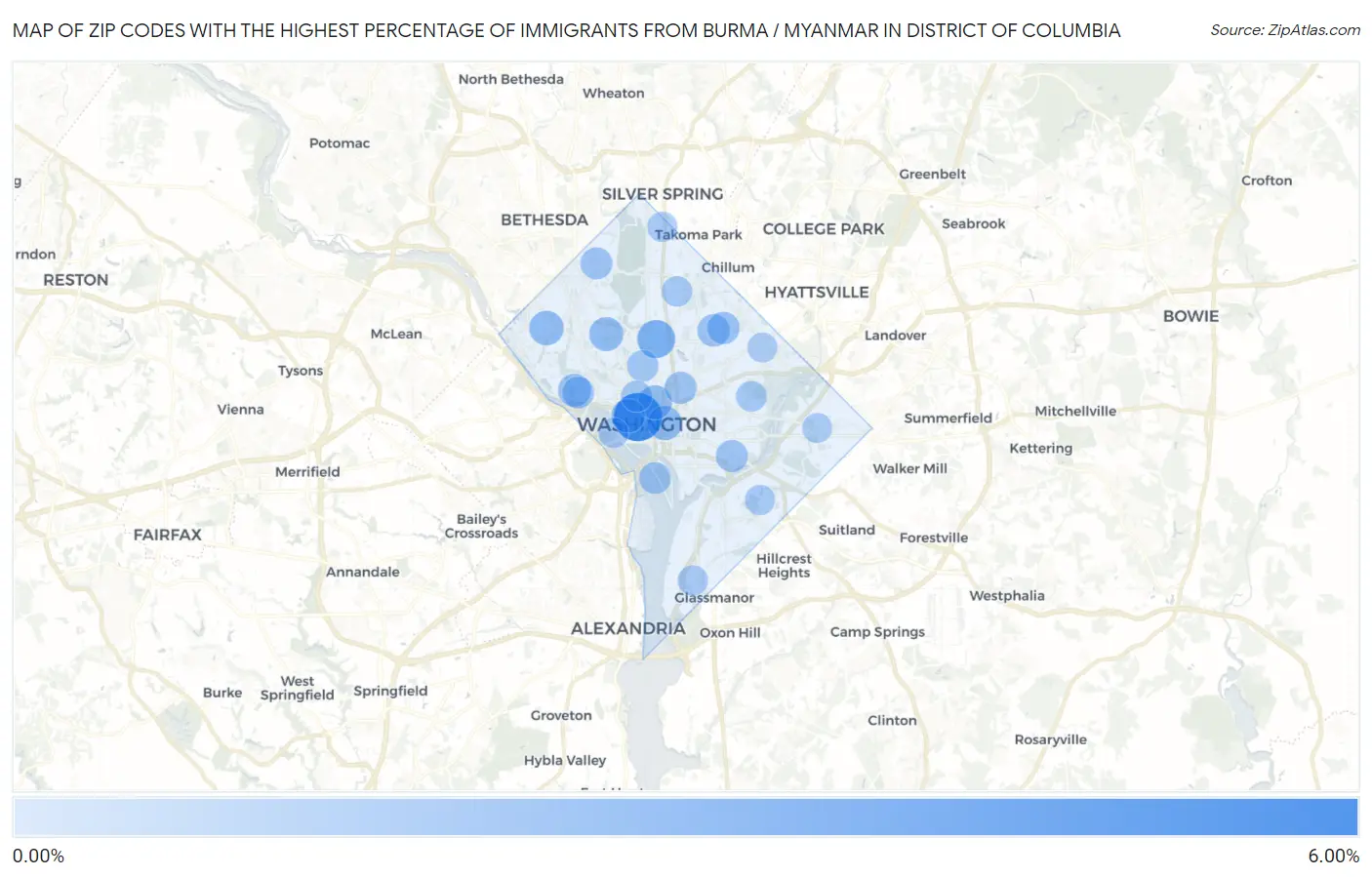 Zip Codes with the Highest Percentage of Immigrants from Burma / Myanmar in District Of Columbia Map