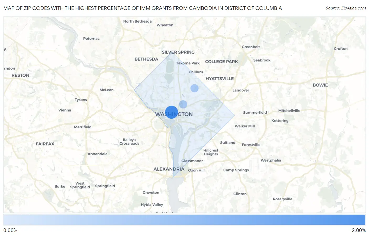 Zip Codes with the Highest Percentage of Immigrants from Cambodia in District Of Columbia Map