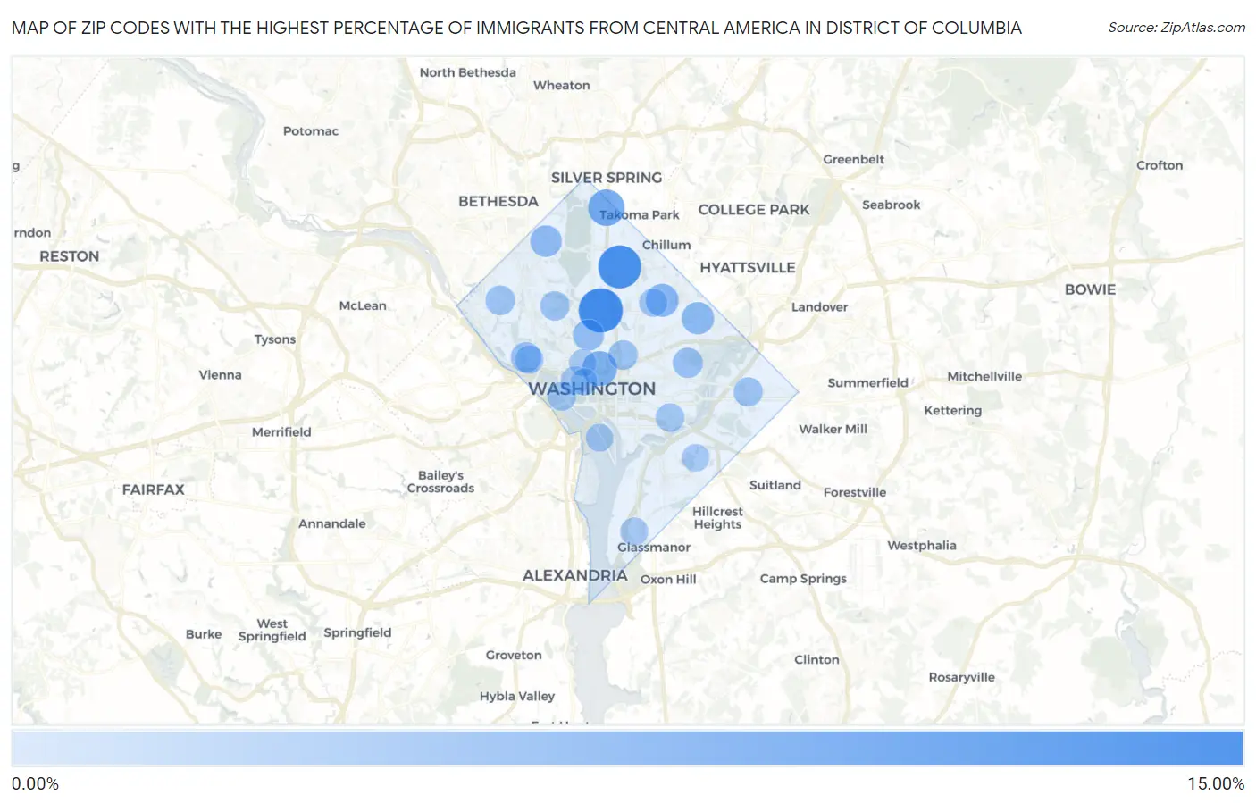Zip Codes with the Highest Percentage of Immigrants from Central America in District Of Columbia Map