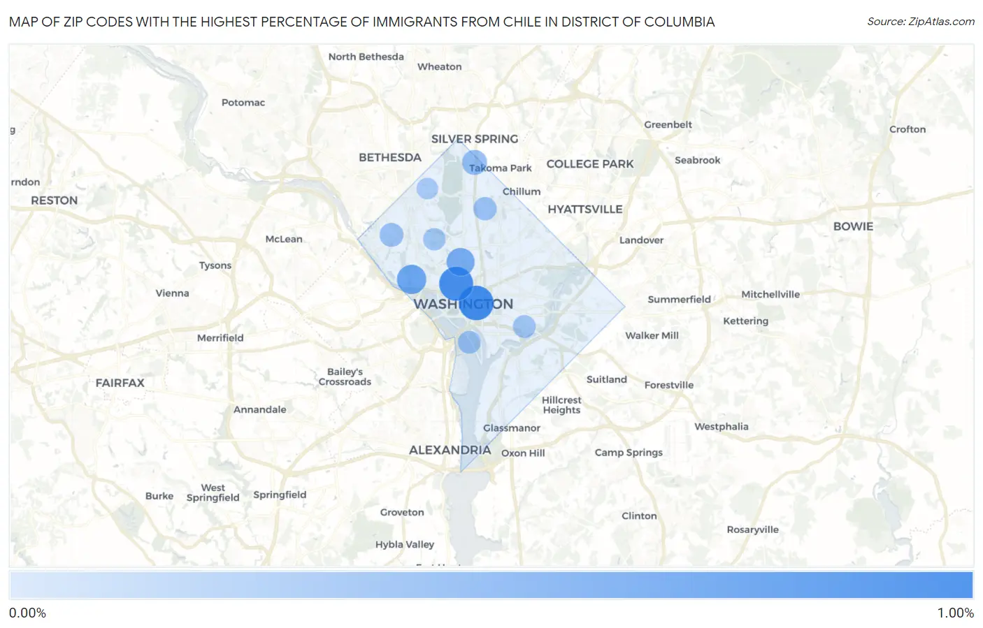 Zip Codes with the Highest Percentage of Immigrants from Chile in District Of Columbia Map