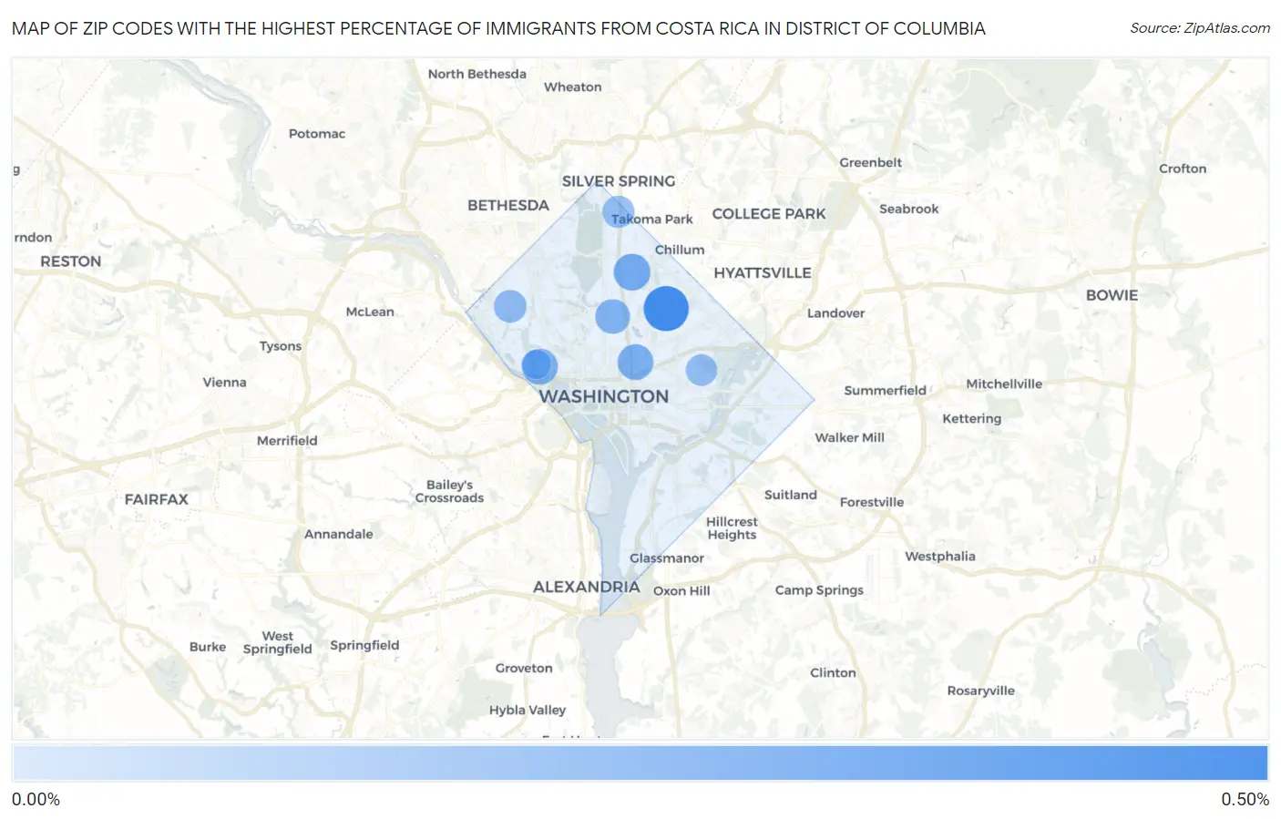 Zip Codes with the Highest Percentage of Immigrants from Costa Rica in District Of Columbia Map