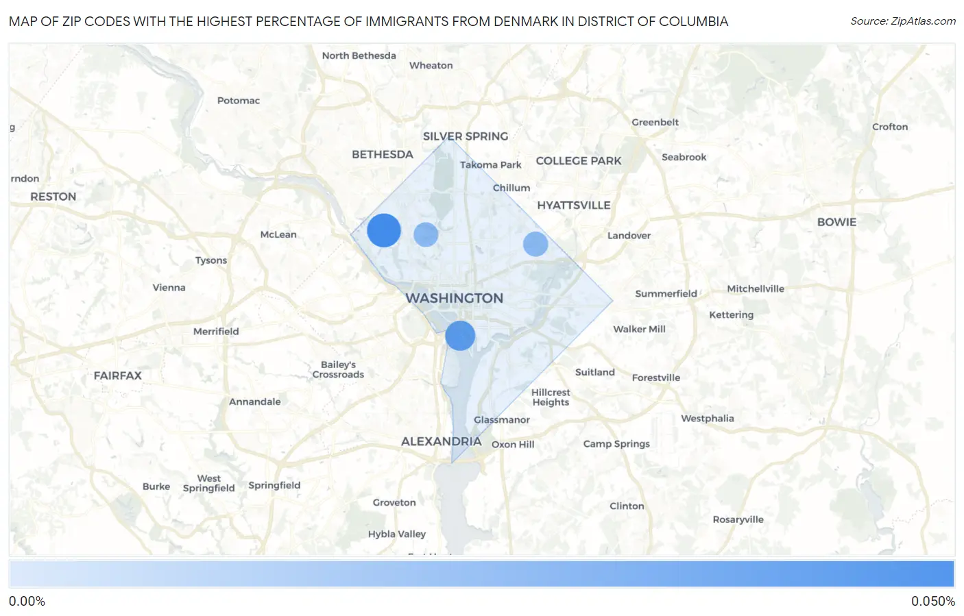 Zip Codes with the Highest Percentage of Immigrants from Denmark in District Of Columbia Map
