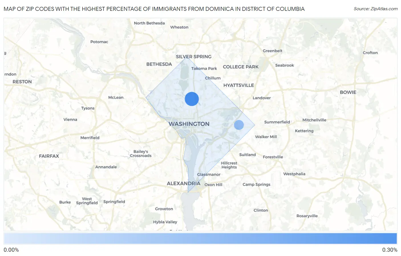 Zip Codes with the Highest Percentage of Immigrants from Dominica in District Of Columbia Map