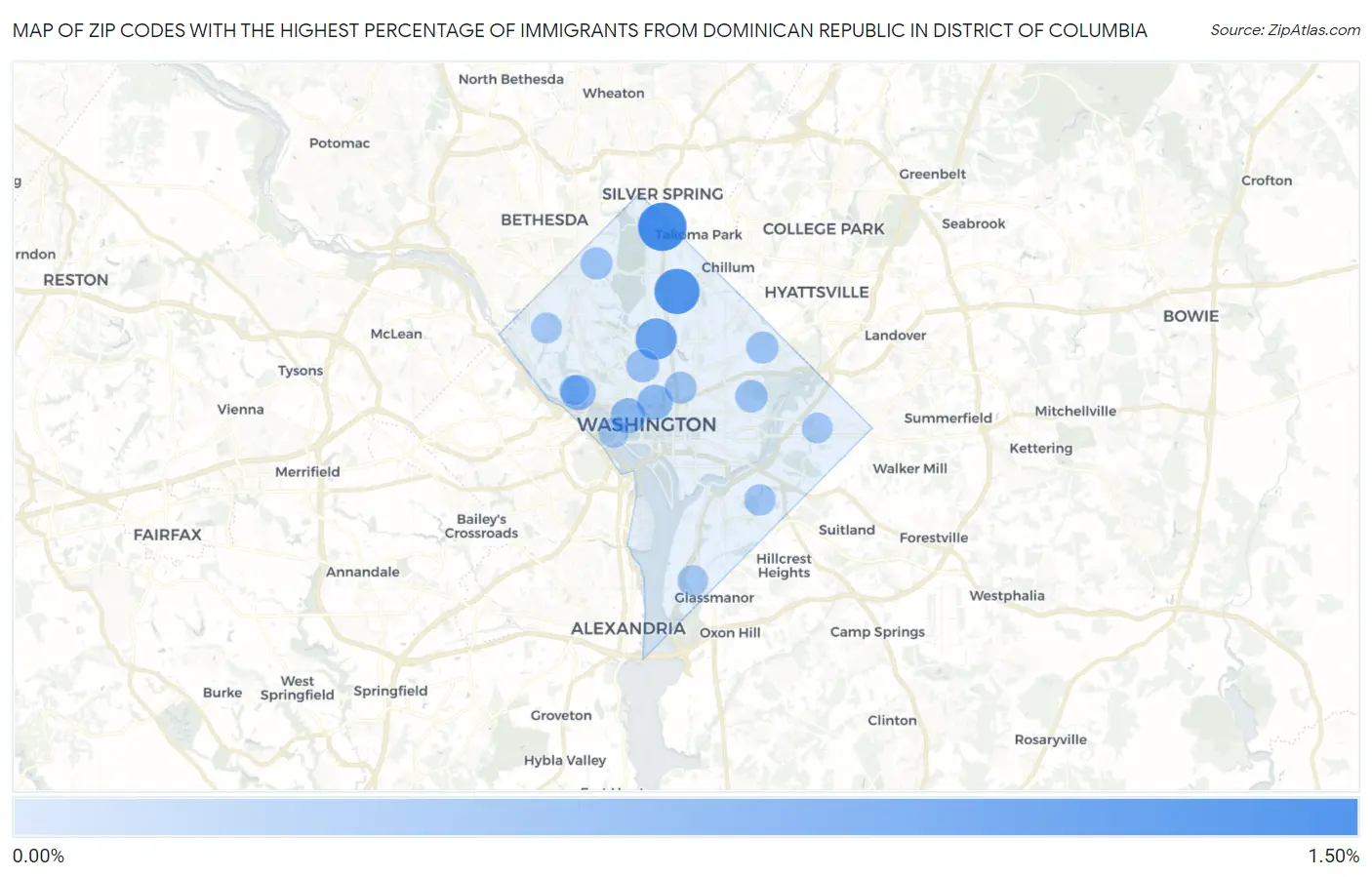 Zip Codes with the Highest Percentage of Immigrants from Dominican Republic in District Of Columbia Map