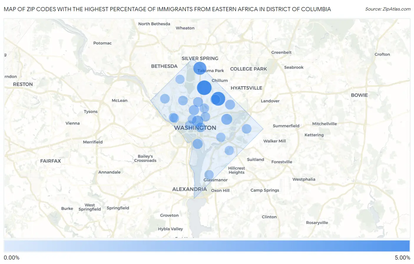 Zip Codes with the Highest Percentage of Immigrants from Eastern Africa in District Of Columbia Map