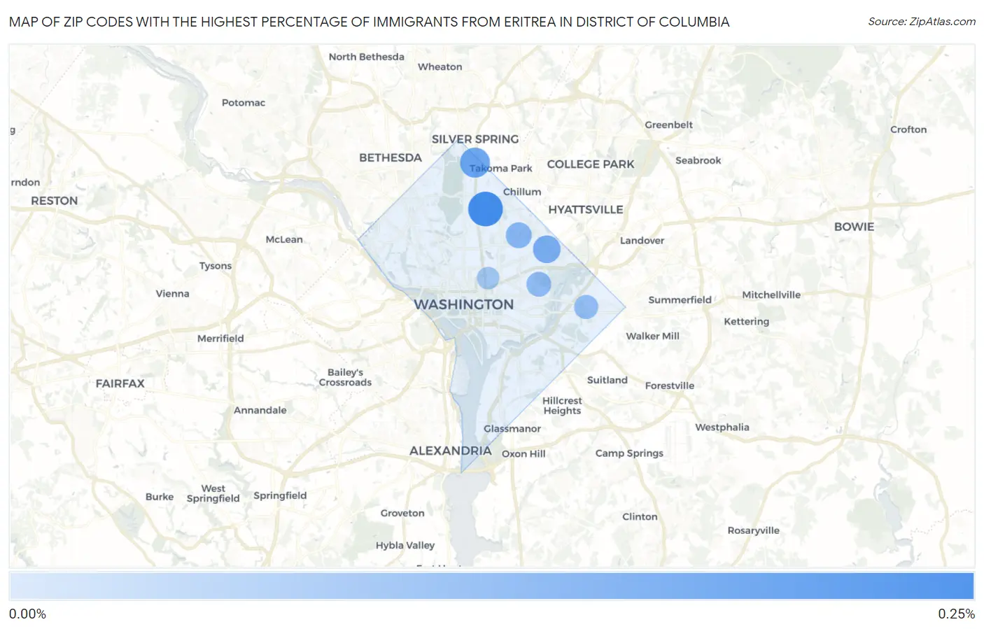 Zip Codes with the Highest Percentage of Immigrants from Eritrea in District Of Columbia Map