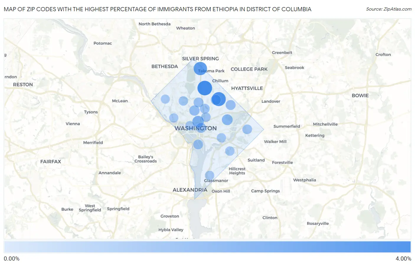 Zip Codes with the Highest Percentage of Immigrants from Ethiopia in District Of Columbia Map
