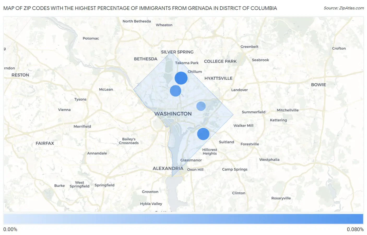 Zip Codes with the Highest Percentage of Immigrants from Grenada in District Of Columbia Map