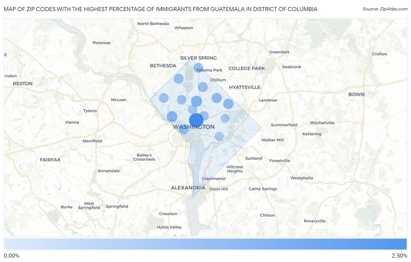 Zip Codes with the Highest Percentage of Immigrants from Guatemala in District Of Columbia Map