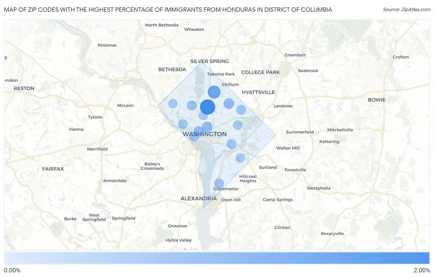 Zip Codes with the Highest Percentage of Immigrants from Honduras in District Of Columbia Map