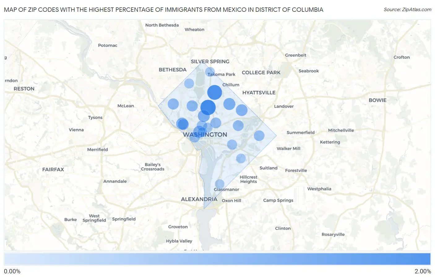 Zip Codes with the Highest Percentage of Immigrants from Mexico in District Of Columbia Map