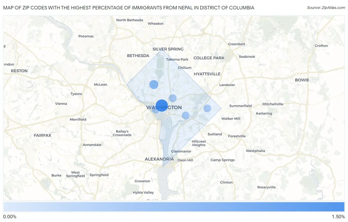 Zip Codes with the Highest Percentage of Immigrants from Nepal in District Of Columbia Map