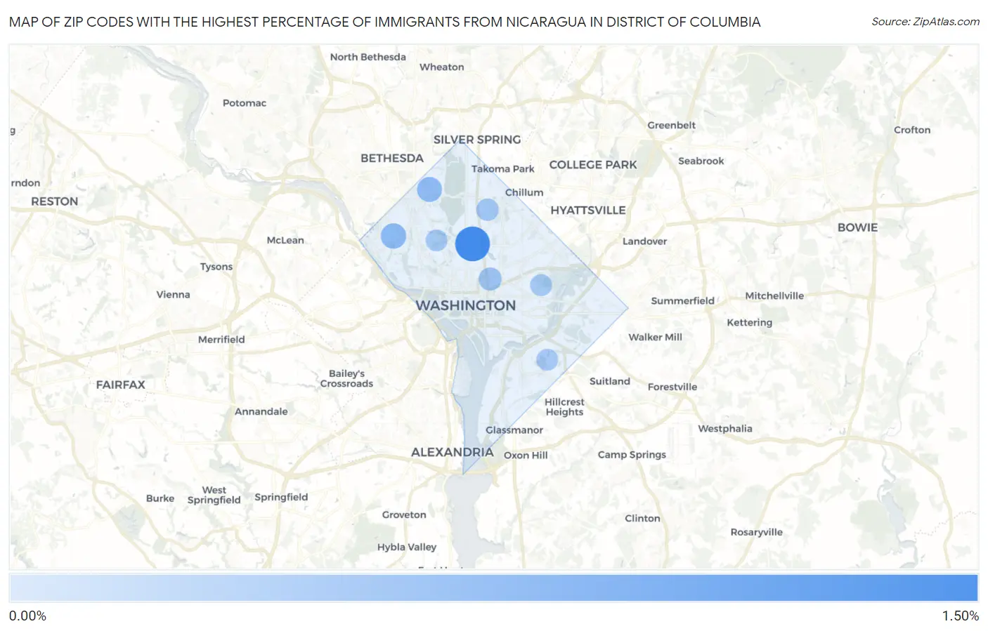 Zip Codes with the Highest Percentage of Immigrants from Nicaragua in District Of Columbia Map