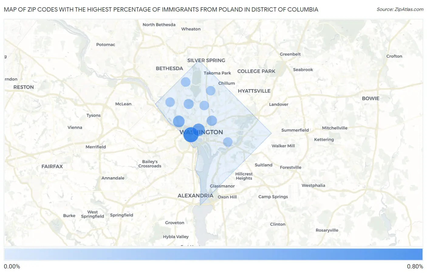 Zip Codes with the Highest Percentage of Immigrants from Poland in District Of Columbia Map