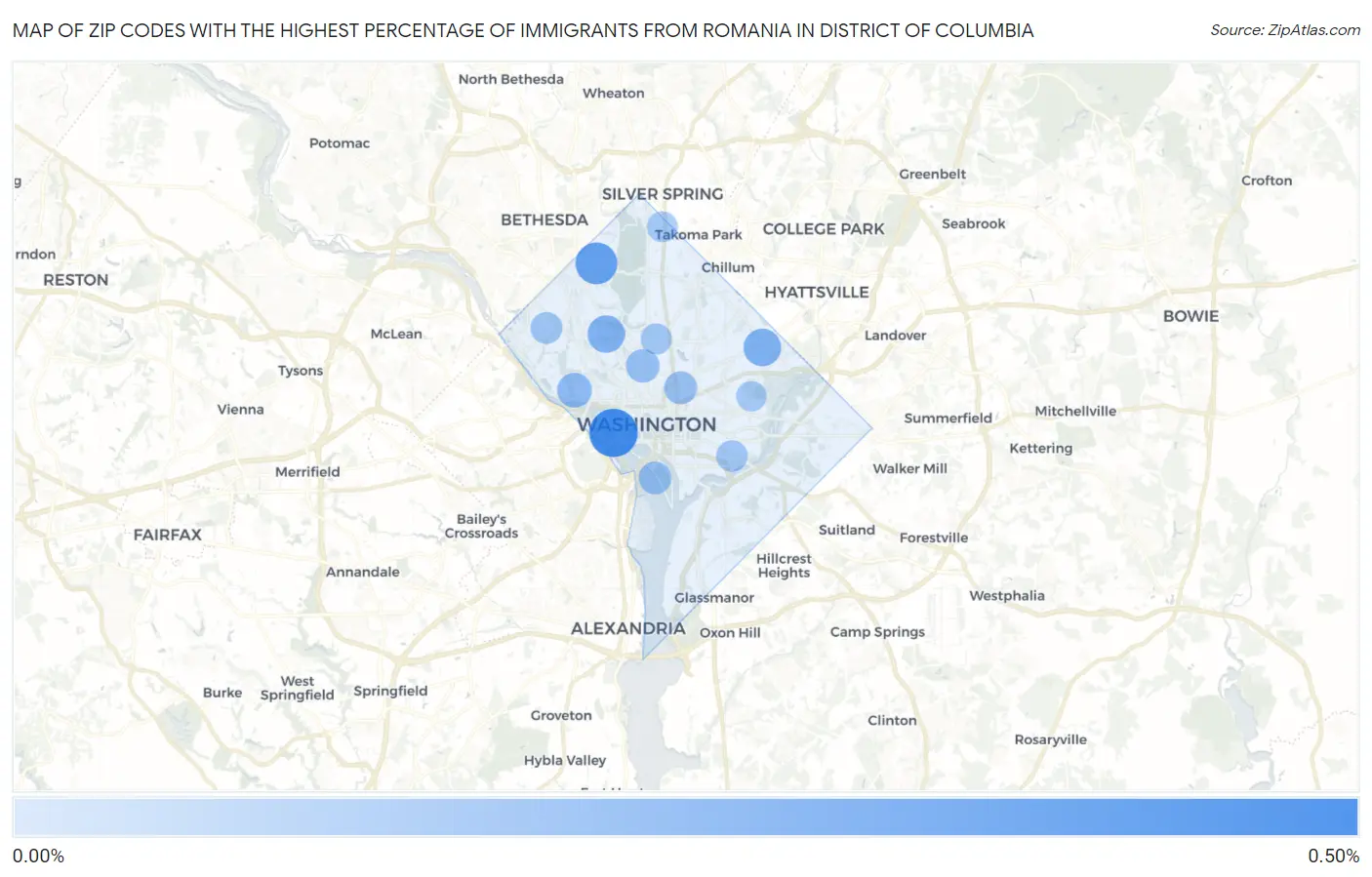 Zip Codes with the Highest Percentage of Immigrants from Romania in District Of Columbia Map