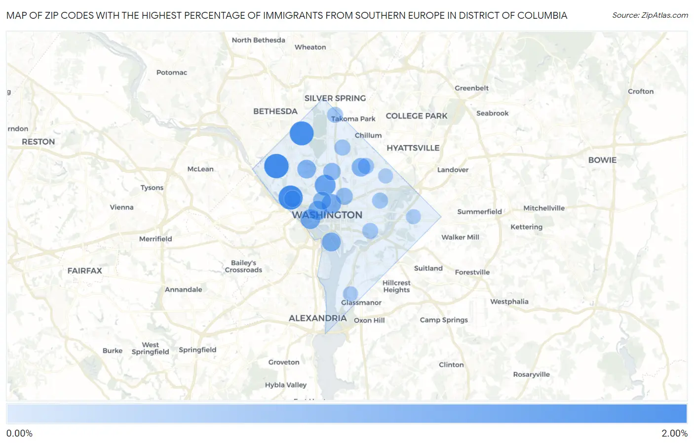 Zip Codes with the Highest Percentage of Immigrants from Southern Europe in District Of Columbia Map