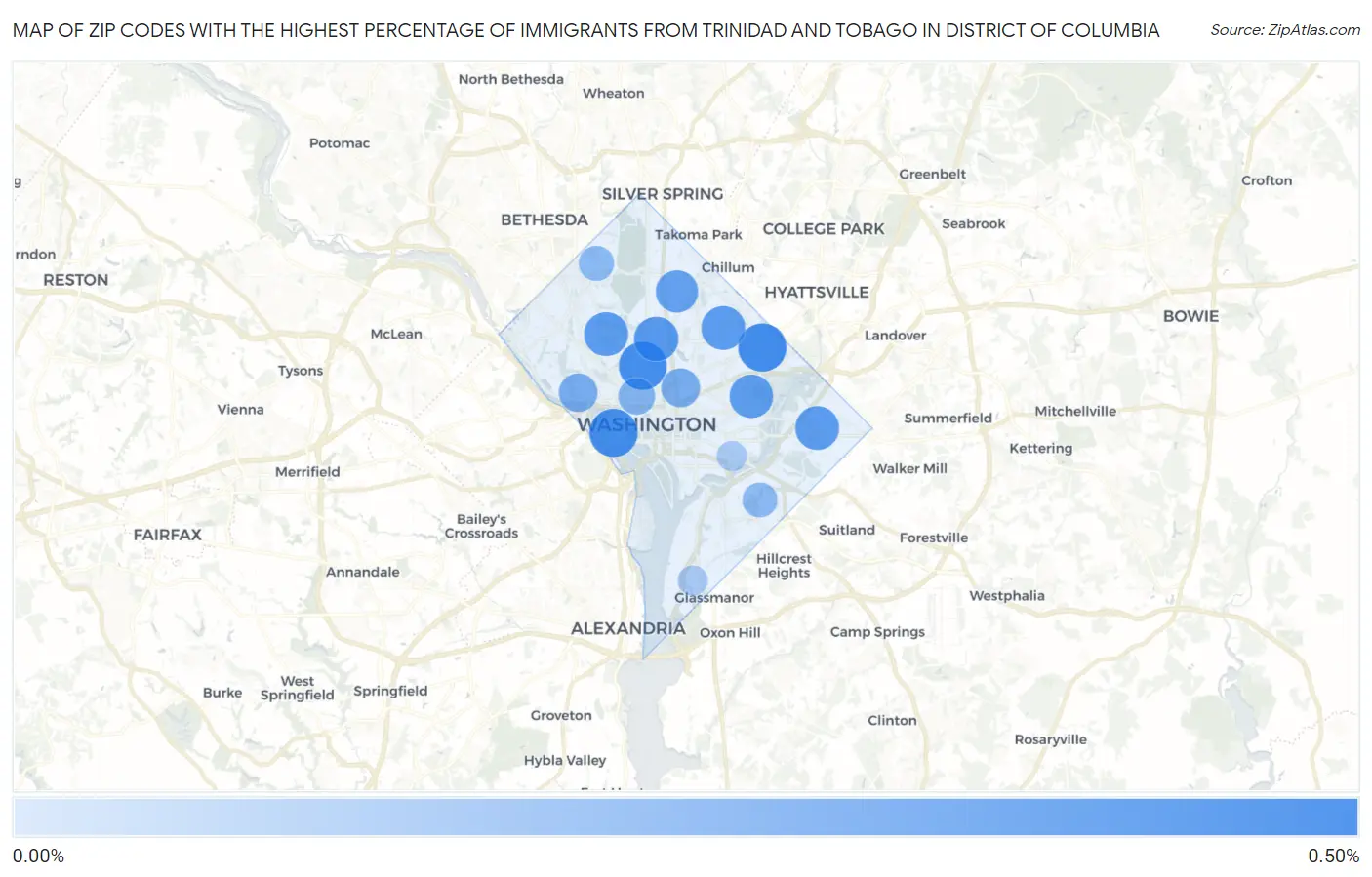 Zip Codes with the Highest Percentage of Immigrants from Trinidad and Tobago in District Of Columbia Map