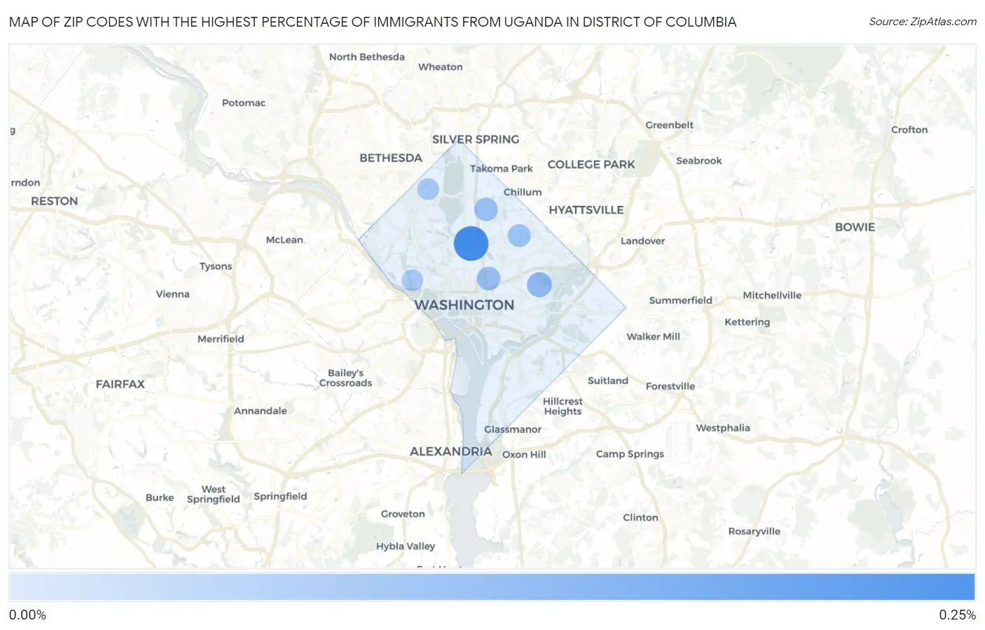 Zip Codes with the Highest Percentage of Immigrants from Uganda in District Of Columbia Map