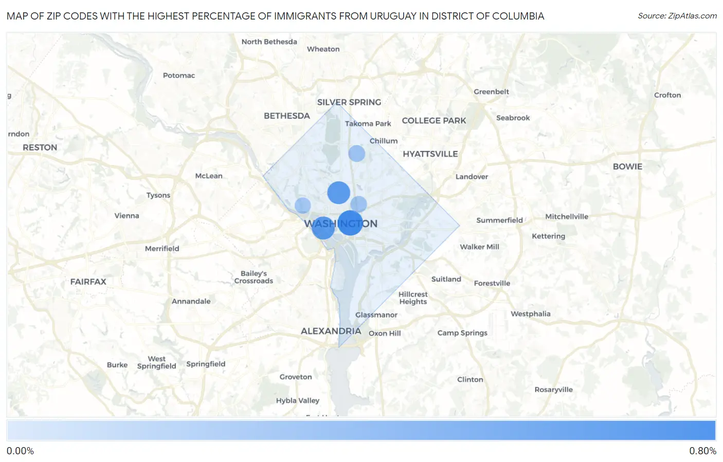Zip Codes with the Highest Percentage of Immigrants from Uruguay in District Of Columbia Map