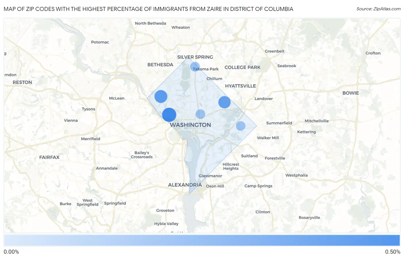 Zip Codes with the Highest Percentage of Immigrants from Zaire in District Of Columbia Map