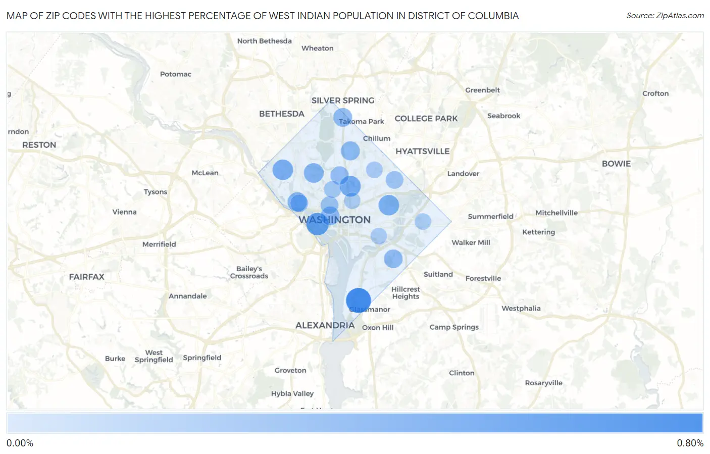 Zip Codes with the Highest Percentage of West Indian Population in District Of Columbia Map