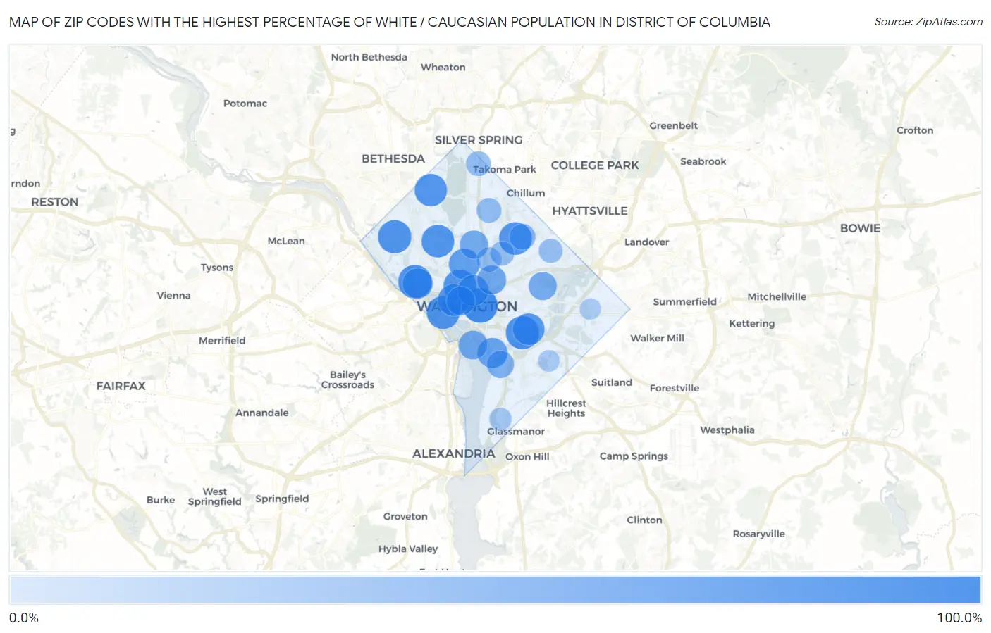 Zip Codes with the Highest Percentage of White / Caucasian Population in District Of Columbia Map