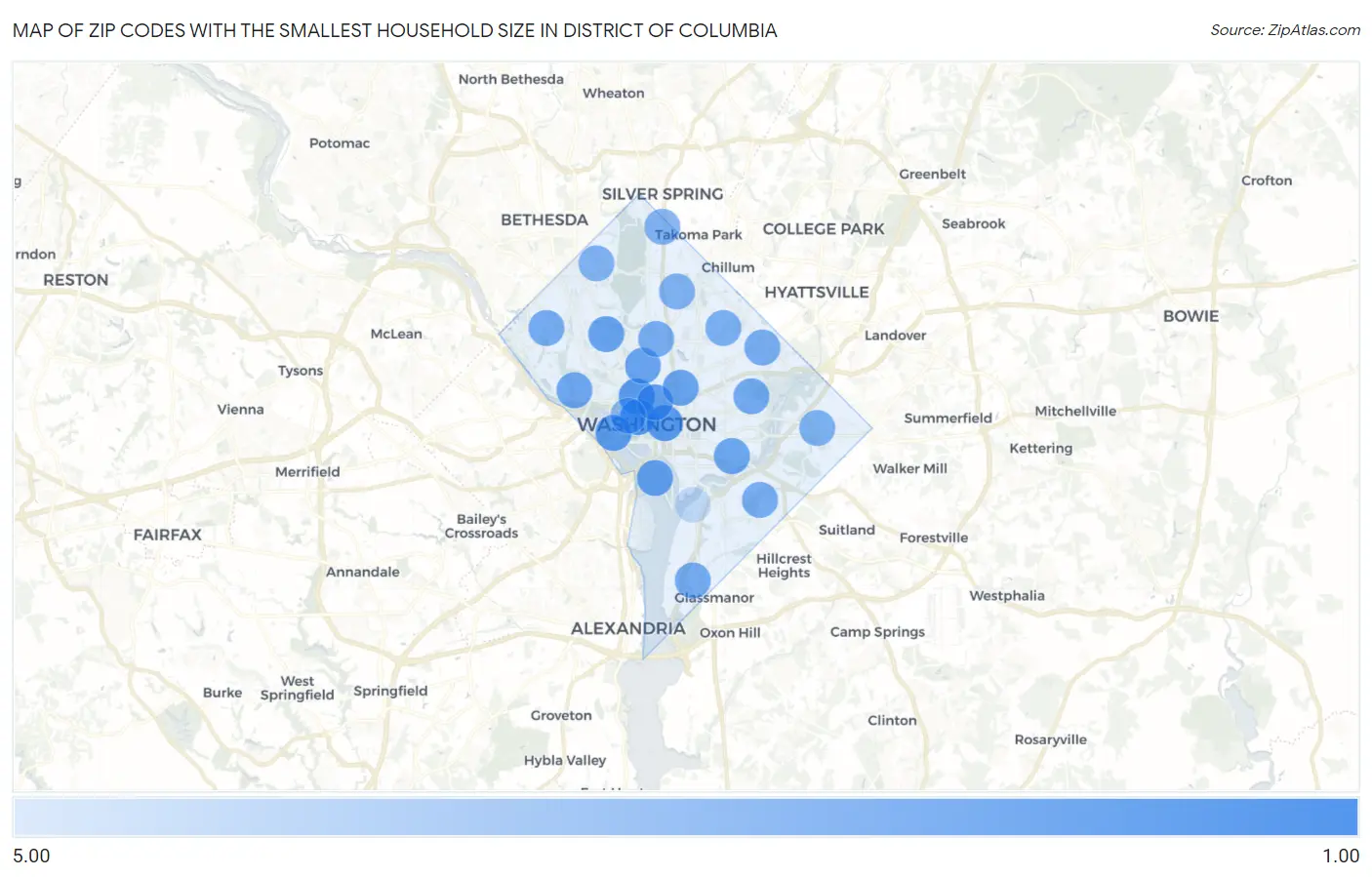 Zip Codes with the Smallest Household Size in District Of Columbia Map