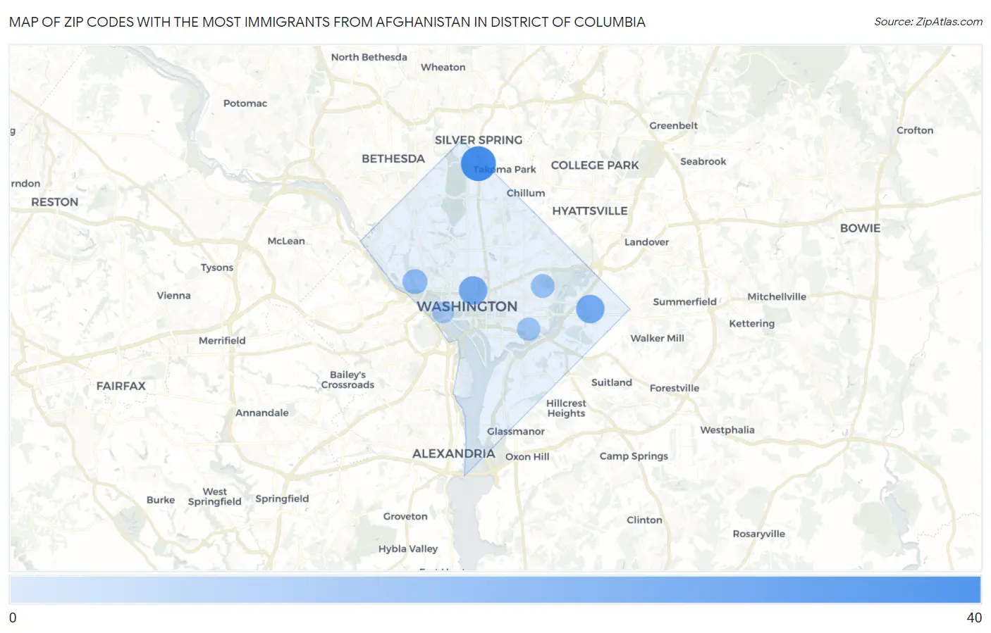 Zip Codes with the Most Immigrants from Afghanistan in District Of Columbia Map