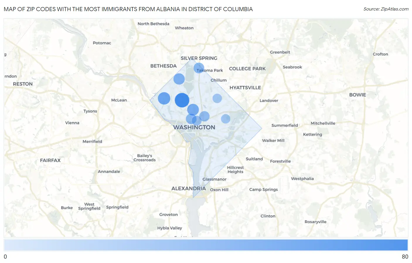 Zip Codes with the Most Immigrants from Albania in District Of Columbia Map
